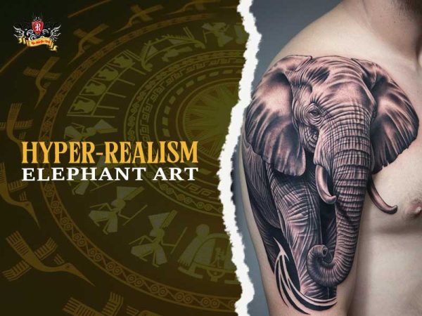 Hyper realistic elephant tattoo on shoulder and chest in black and grey, detailed elephant tattoo ideas