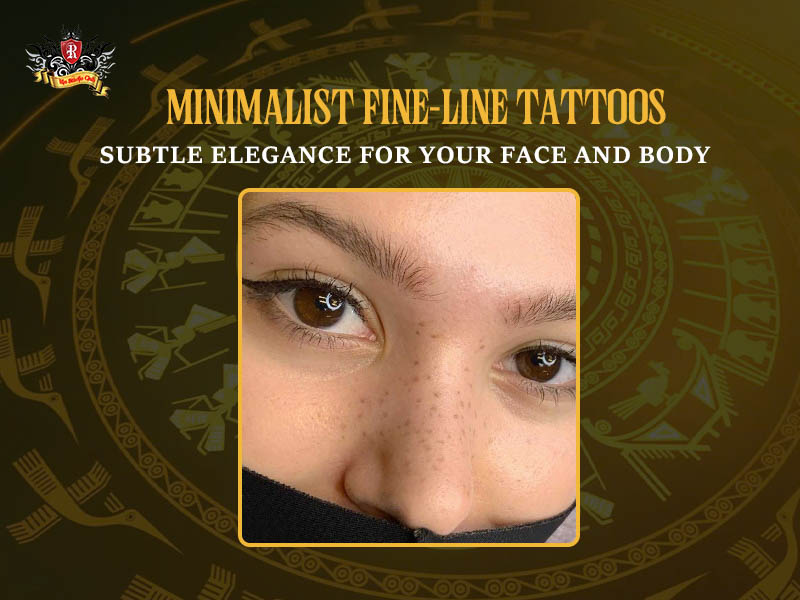 A minimalist fine-line tattoo design perfectly accentuating natural freckles and tattoos for a look of subtle elegance on the face and body.