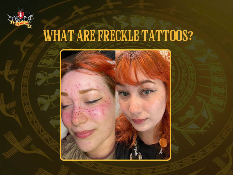 A detailed illustration explaining what freckle tattoos are, showing the process of creating hyper-realistic, sun-kissed spots on the skin.