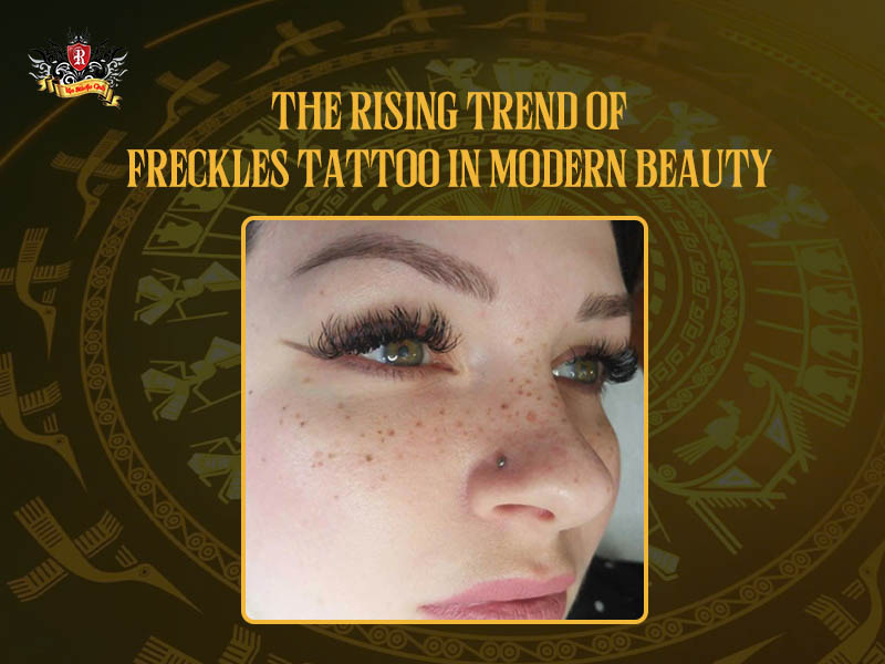 A trendy lifestyle portrait showcasing a model with a radiant sun-kissed glow achieved through professional freckle tattoos.