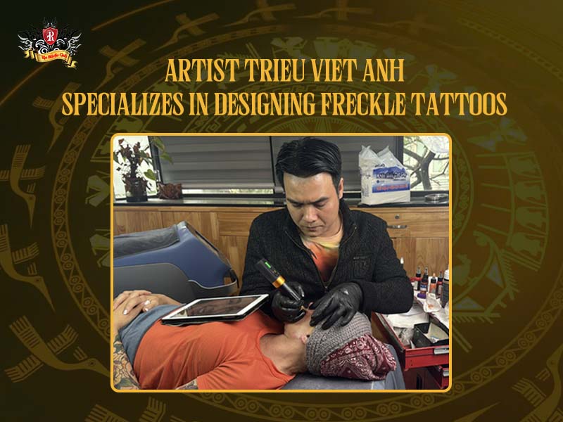 Master Trieu Viet Anh meticulously designing a custom freckles tattoo to harmonize with the client's facial features at Rio Tattoo Studio.