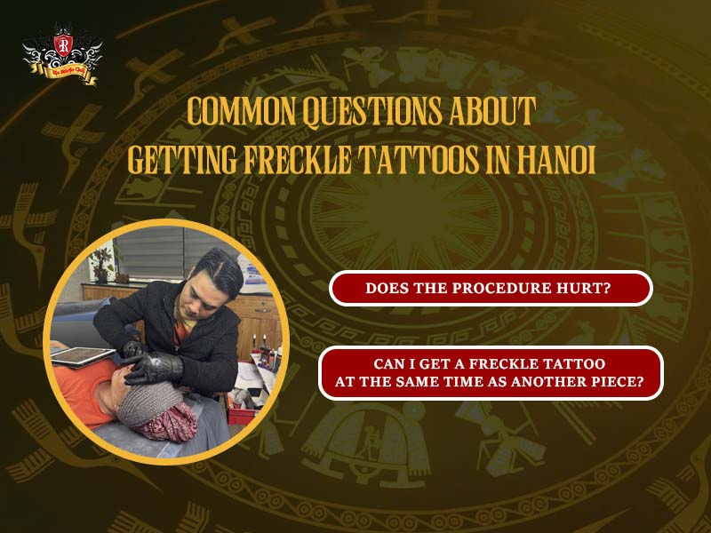 A friendly consultation scene at Rio Tattoo Studio addressing frequent concerns about the freckles tattoo procedure in Hanoi.