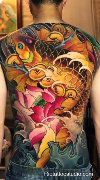Red koi peony japanese tattoo full back irezumi, traditional koi japanese tattoo