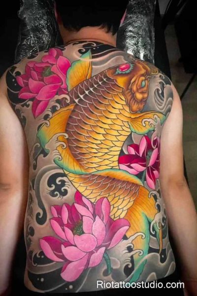 Black grey koi lotus kanji japanese tattoo full back, meaningful koi japanese tattoo