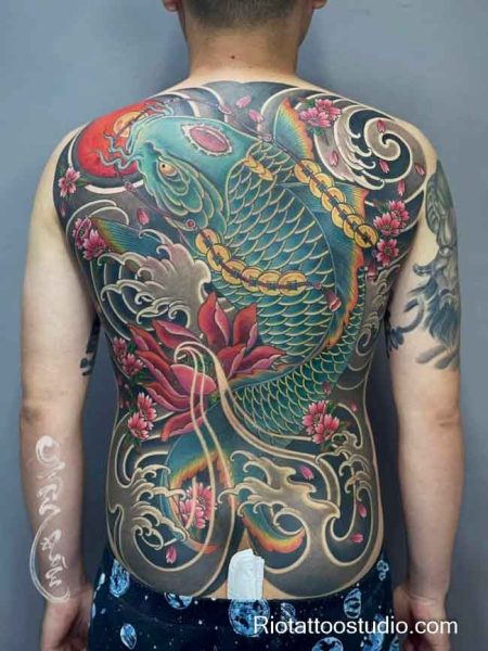 Vibrant koi lotus japanese tattoo full back irezumi colors, bold koi japanese tattoo