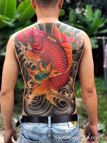 Multi-color koi lotus japanese tattoo full back irezumi, authentic koi japanese tattoo