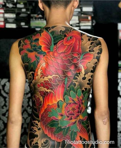 Detailed koi lotus japanese tattoo full back in progress, irezumi koi japanese tattoo