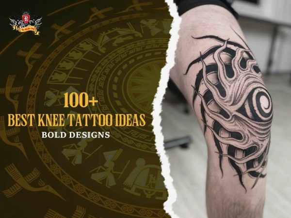 Knee tattoo bold abstract black biomechanical flowing design, dynamic knee tattoo ideas