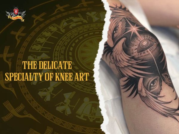 Knee tattoo surreal winged eyes feathers star black grey, artistic knee tattoo ideas