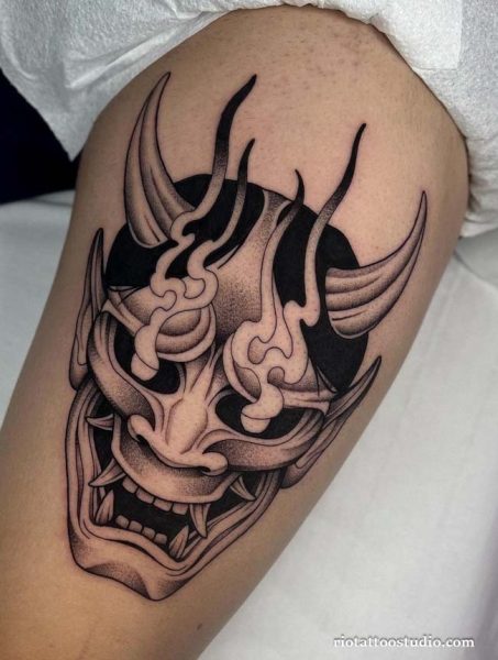 Oni mask tattoo black grey smoke wind patterns full arm, dramatic oni mask tattoo