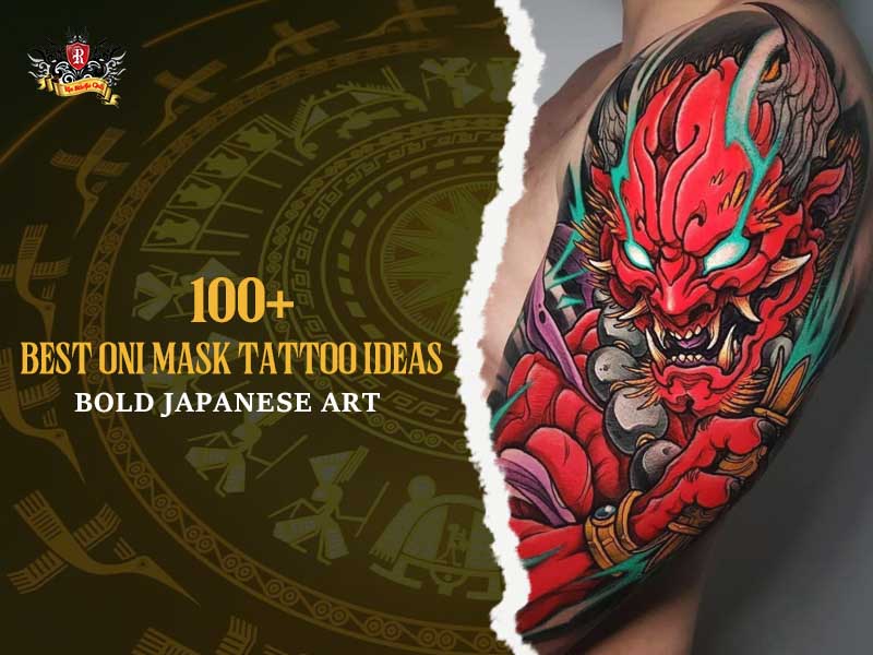 Oni mask tattoo vibrant red turquoise glowing eyes shoulder, bold oni mask tattoo ideas