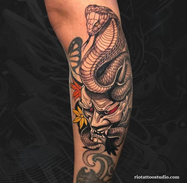 Oni mask tattoo realistic cobra snake red eyes flowers arm, dynamic oni mask tattoo ideas