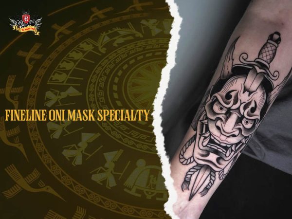 Oni mask tattoo fineline black grey sword through mask forearm, detailed oni mask tattoo