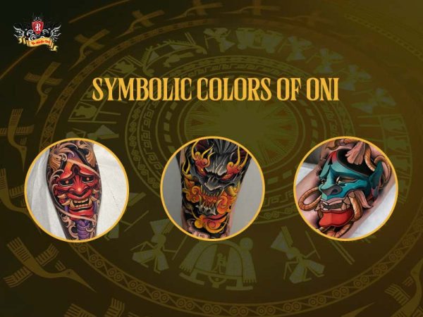 Oni mask tattoo symbolic colors red black teal japanese folklore, colorful oni mask tattoo ideas