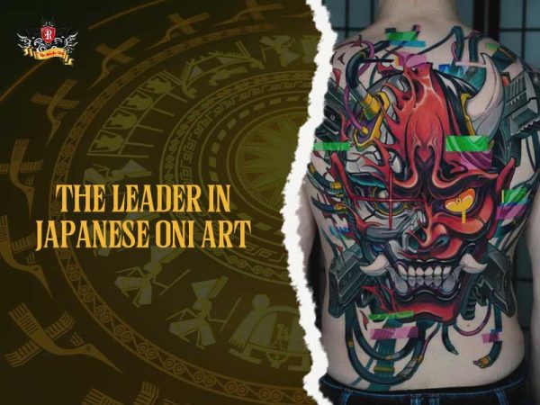 Oni mask tattoo colorful cyberpunk mechanical back piece, modern oni mask tattoo ideas