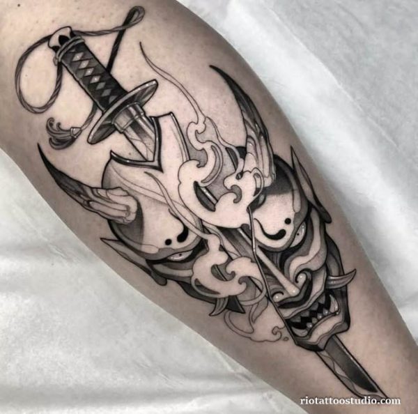 Oni mask tattoo black grey katana wings smoke calf, traditional oni mask tattoo