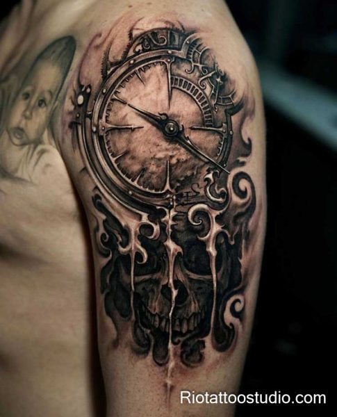 Memento mori broken clock baby skull shoulder tattoo realistic black grey, deep memento mori tattoo