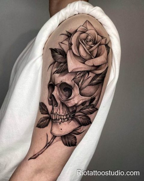 Memento mori rose pocket watch forearm sleeve tattoo "London", time memento mori tattoo