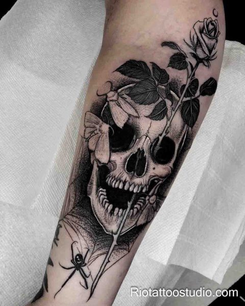 Memento mori skull rose moon moth spider forearm tattoo blackwork detailed, gothic memento mori tattoo