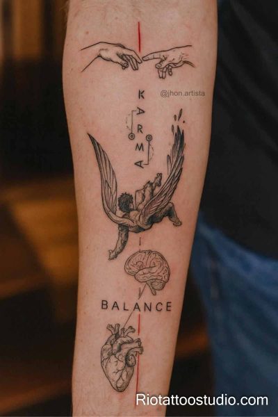 Minimalist forearm tattoo Creation hands angel brain heart karma balance fine line, philosophical minimalist tattoo