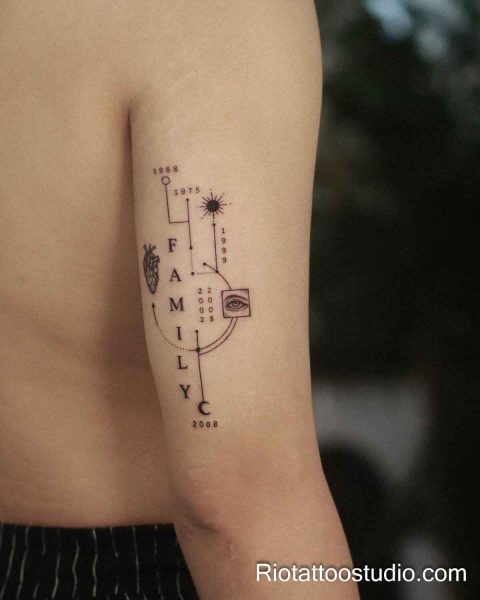 Minimalist rib tattoo family tree timeline dates heart eye fine line, personal minimalist tattoo
