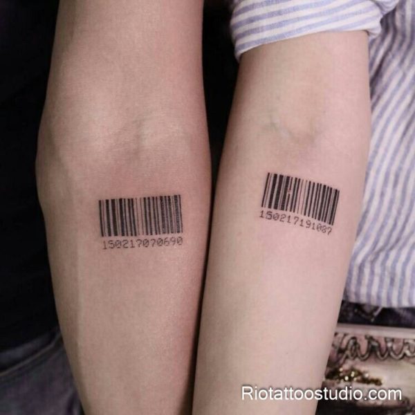 Matching minimalist couple tattoo barcode forearms fine line black, paired minimalist tattoo