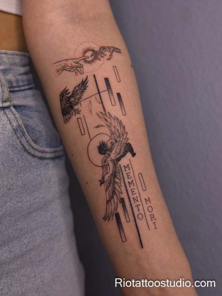 Minimalist forearm tattoo Creation hands eagle angel memento mori fine line, symbolic minimalist tattoo