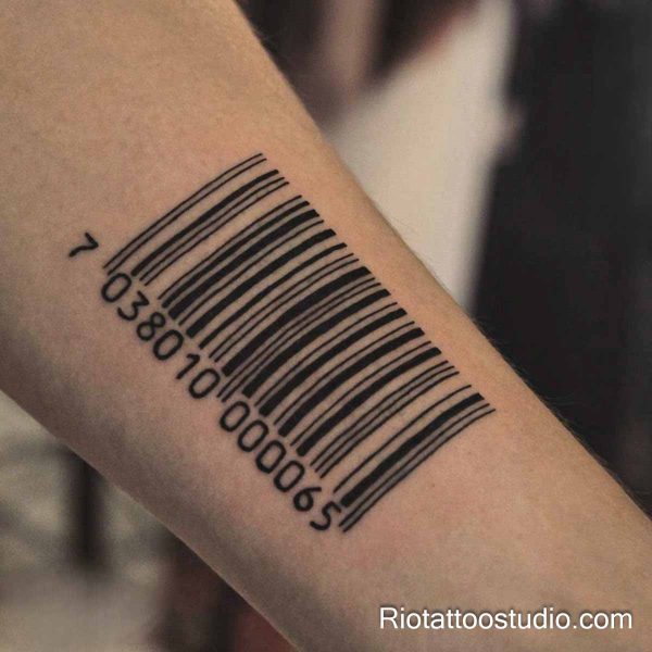 Minimalist forearm tattoo tilted barcode number fine line black, modern minimalist tattoo