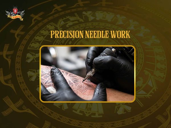 Precision fine line needle work dotwork minimalist tattoo skin closeup, detailed fine line tattoo