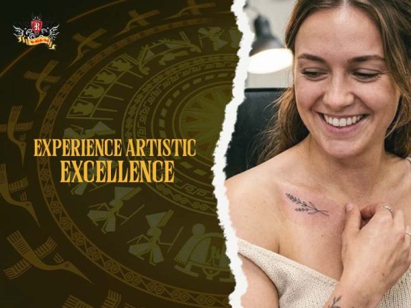 Minimalist chest tattoo lavender sprig woman client smiling, delicate minimalist tattoo