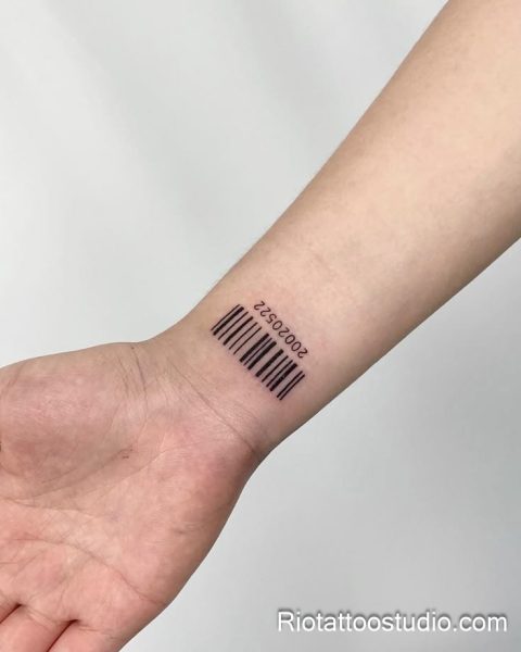 Minimalist wrist tattoo barcode custom number fine line black ink, subtle minimalist tattoo