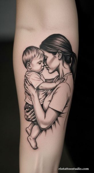 Realistic mom and son tattoo mother holding kissing baby forearm, tender mom and son tattoo