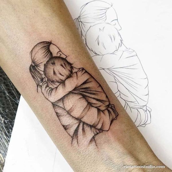 Minimalist mom and son tattoo mother hugging baby flowers line art, sweet mom and son tattoo