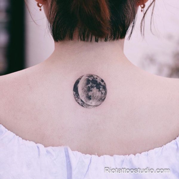 Small crescent moon upper back neck tattoo delicate shading, minimalist moon tattoo