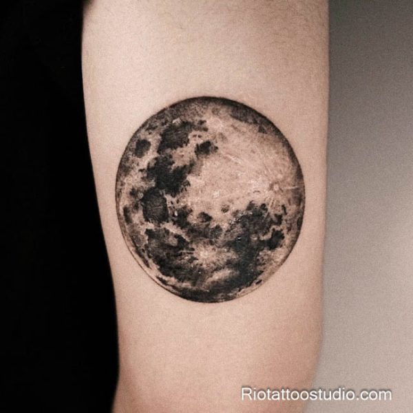 Realistic full moon shoulder tattoo detailed craters shading, hyperreal moon tattoo