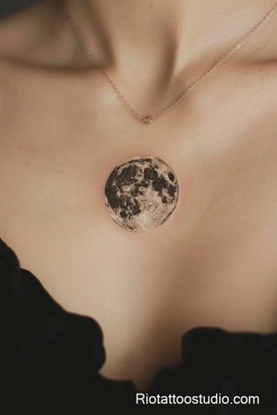 Full moon chest tattoo realistic glow natural placement, intimate moon tattoo
