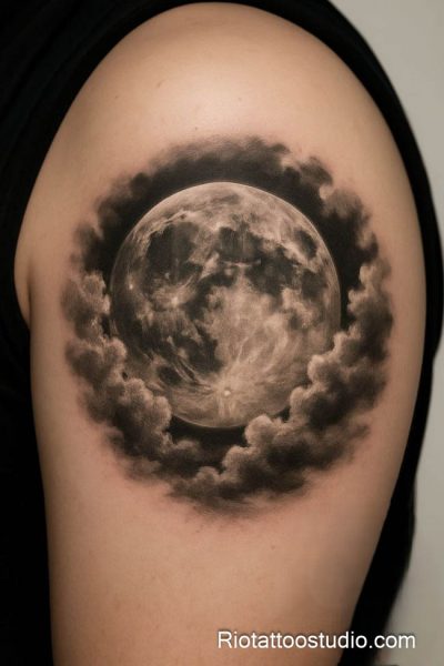 Full moon clouds shoulder tattoo atmospheric shading black gray, dramatic moon tattoo