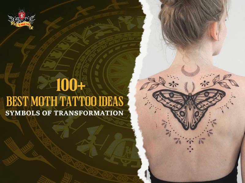Large moth tattoo with crescent moon and floral details on upper back, realistic moth tattoo ideas