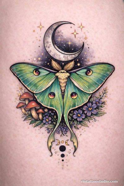 Luna moth tattoo with crescent moon, mushrooms and flowers, whimsical moth tattoo ideas
