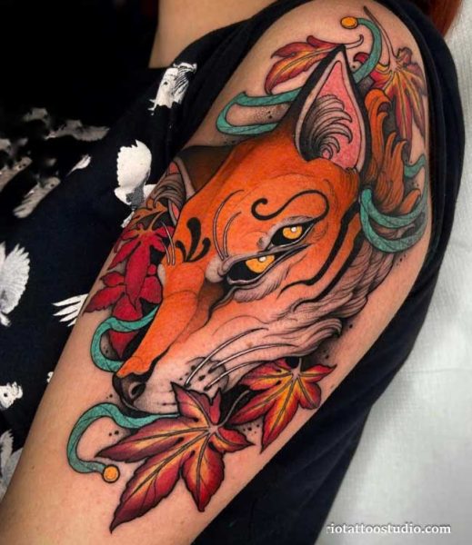 Neo traditional fox autumn leaves teal swirls shoulder arm tattoo, colorful neo traditional tattoo