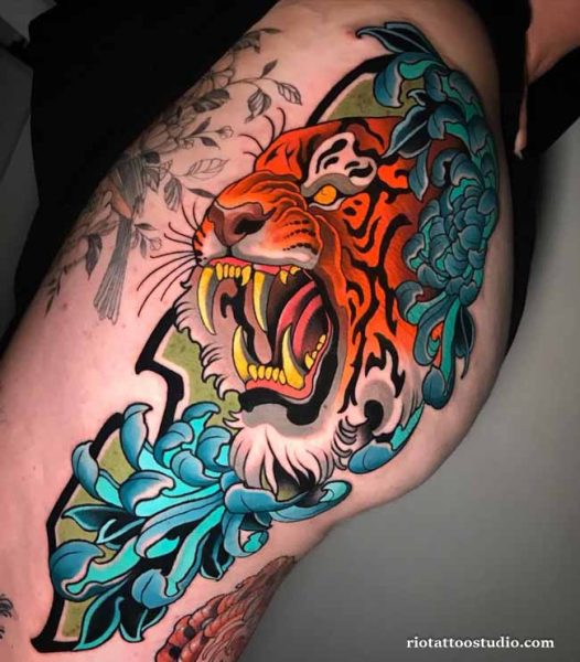 Neo traditional tiger peony flowers thigh hip tattoo blue accents, fierce neo traditional tattoo