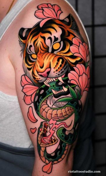 Neo traditional tiger snake peony flowers shoulder arm tattoo, fierce neo traditional tattoo