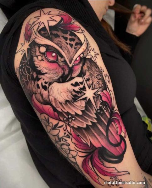 Neo traditional owl crown starry eyes floral shoulder arm tattoo, mystical neo traditional tattoo