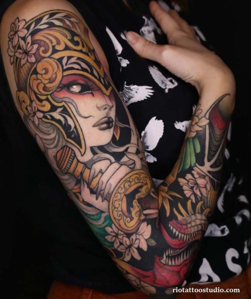 Neo traditional warrior woman helmet hammer birds full arm sleeve, colorful neo traditional tattoo