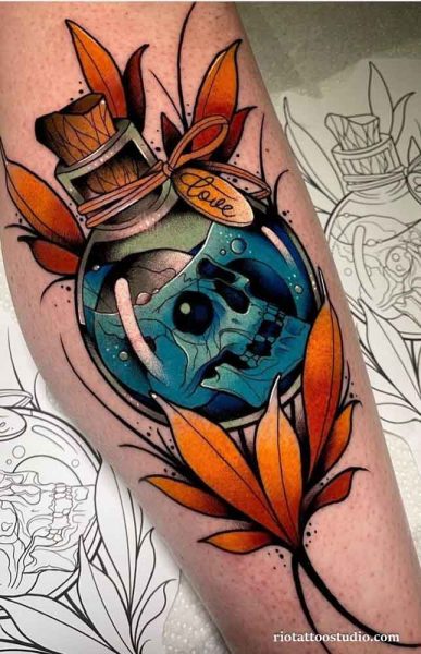 Neo traditional skull bottle love label leaves arm tattoo, symbolic neo traditional tattoo