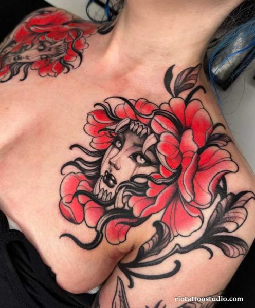 Neo traditional medusa gorgon roses chest neck tattoo red flowers, dramatic neo traditional tattoo