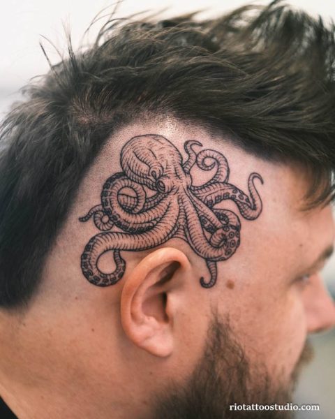 Octopus tattoo black grey head side hairline tentacles ear, unique octopus tattoo ideas