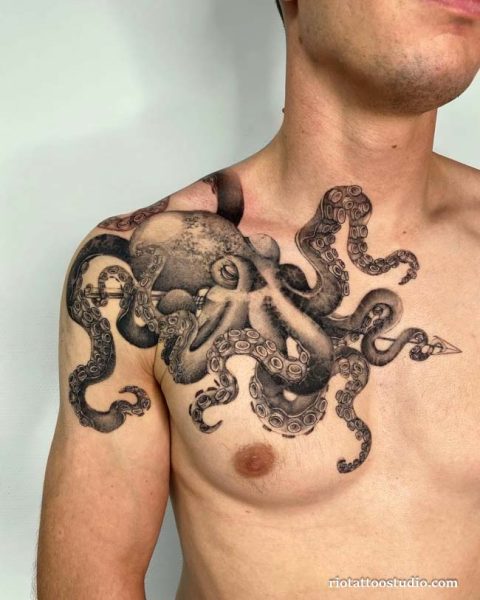 Octopus tattoo realistic black grey tentacles chest shoulder anchor, bold octopus tattoo ideas Image Title