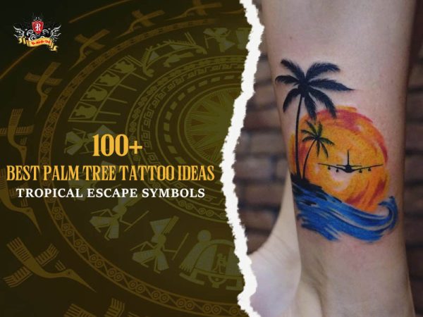Palm tree tattoo colorful sunset airplane ocean waves ankle, tropical palm tree tattoo ideas