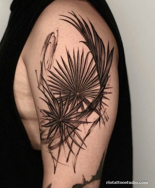 Palm tree tattoo minimalist geometric red arrows diamond shoulder, modern palm tree tattoo